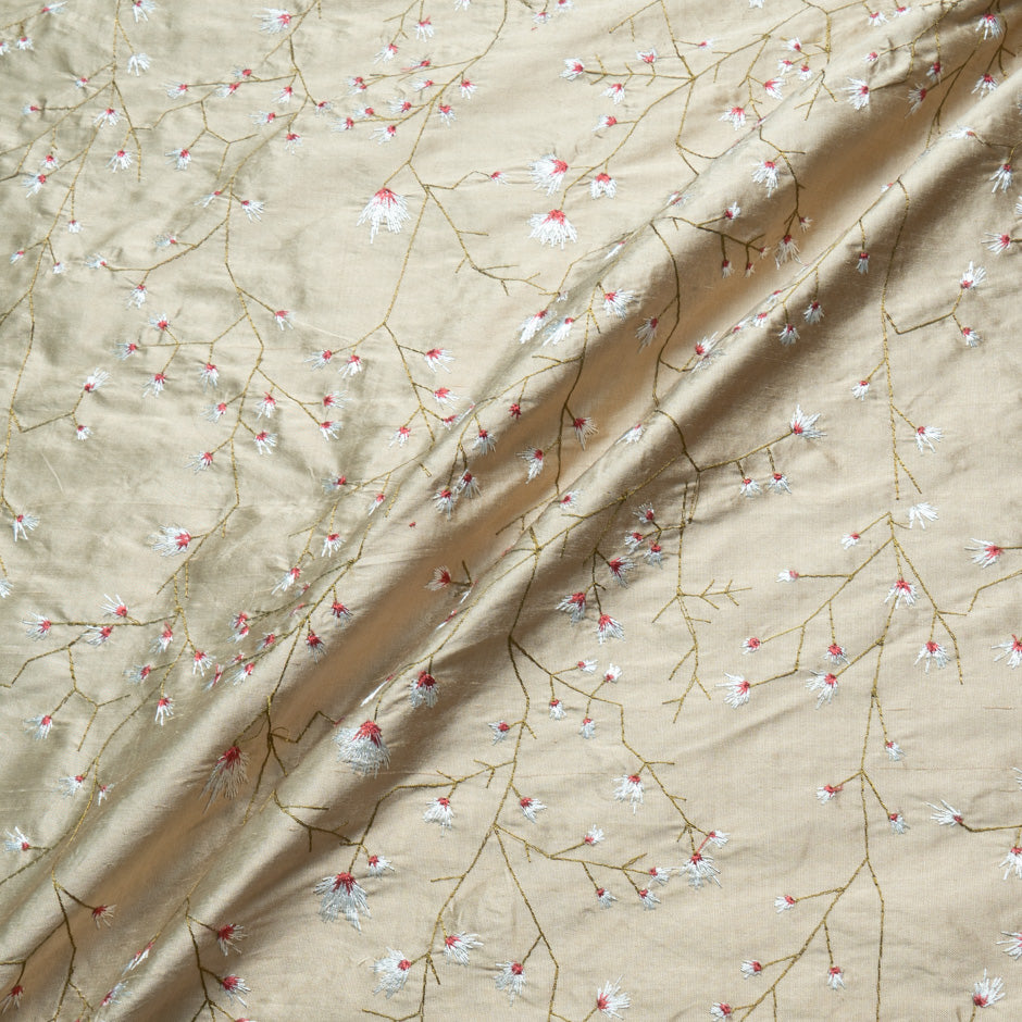 Floral Embroidered Beige Silk Shantung