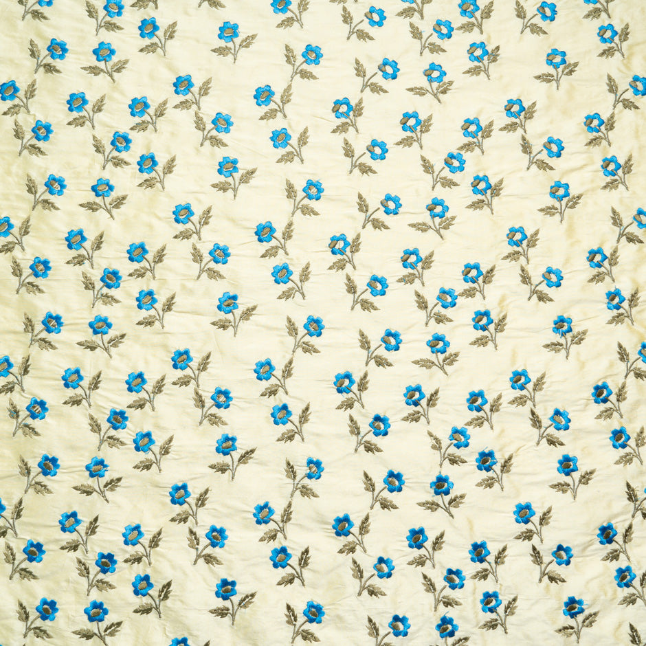 Blue Floral Embroidered Yellow Silk Shantung