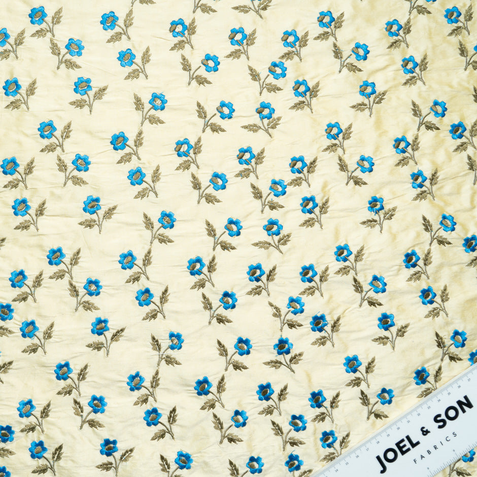 Blue Floral Embroidered Yellow Silk Shantung