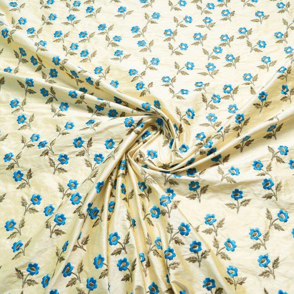Blue Floral Embroidered Yellow Silk Shantung