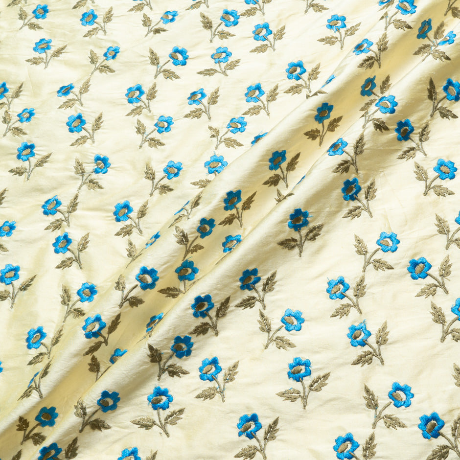 Blue Floral Embroidered Yellow Silk Shantung