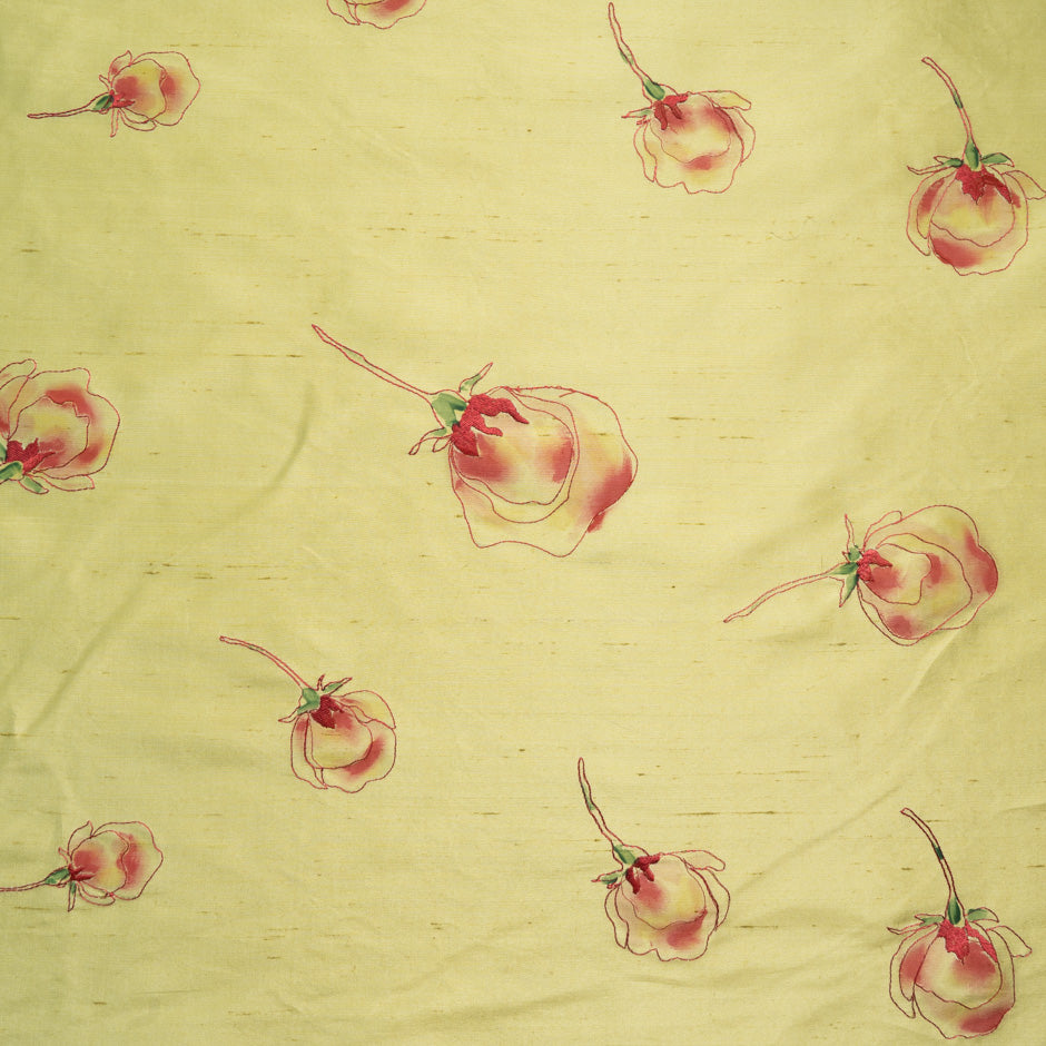Red Floral Embroidered Yellow Silk Shantung