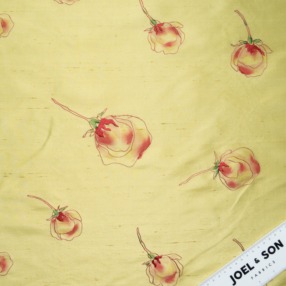 Red Floral Embroidered Yellow Silk Shantung