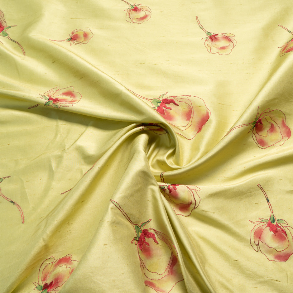 Red Floral Embroidered Yellow Silk Shantung