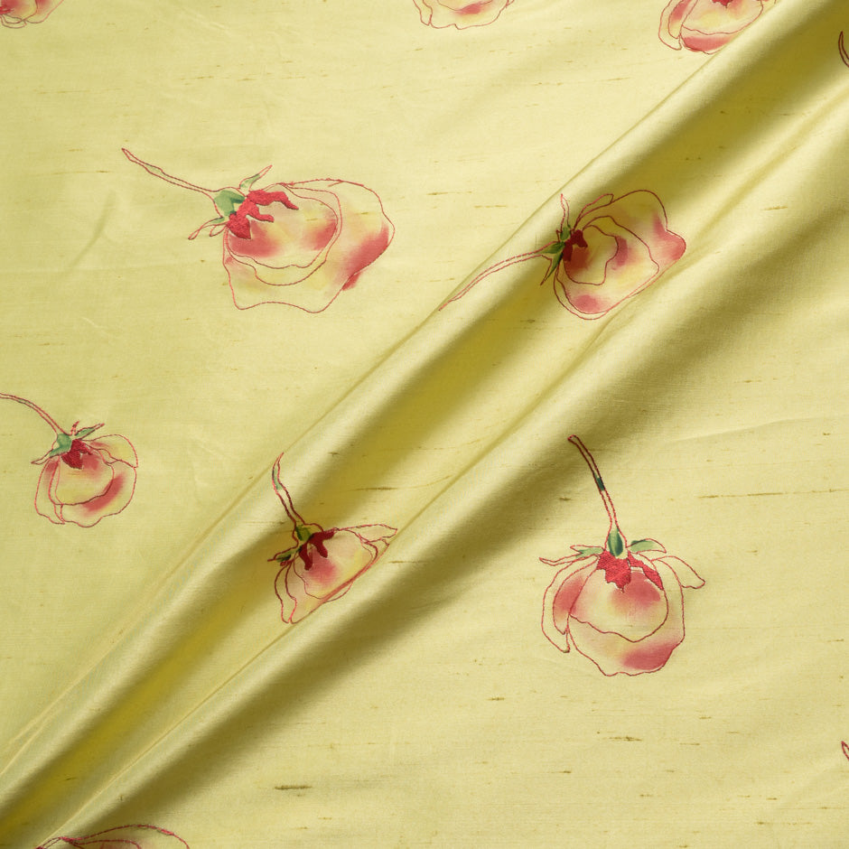 Red Floral Embroidered Yellow Silk Shantung