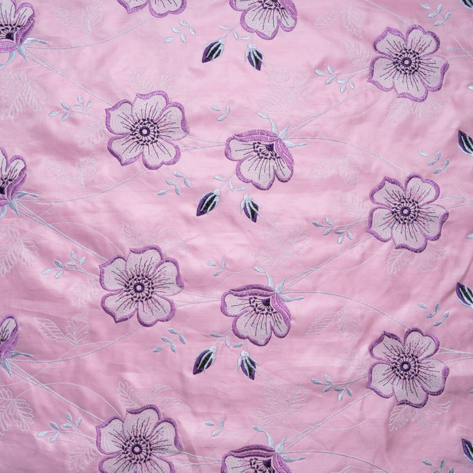 Lilac Floral Embroidered Baby Pink Silk Shantung