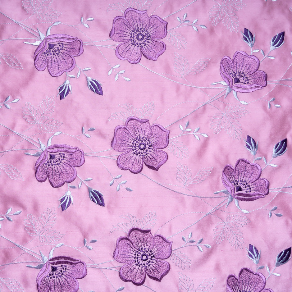 Lilac Floral Embroidered Baby Pink Silk Shantung