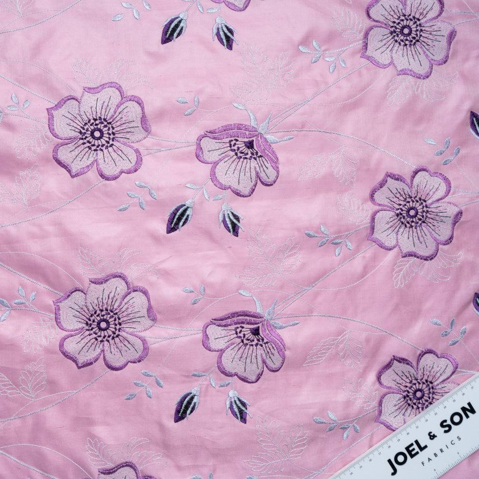 Lilac Floral Embroidered Baby Pink Silk Shantung