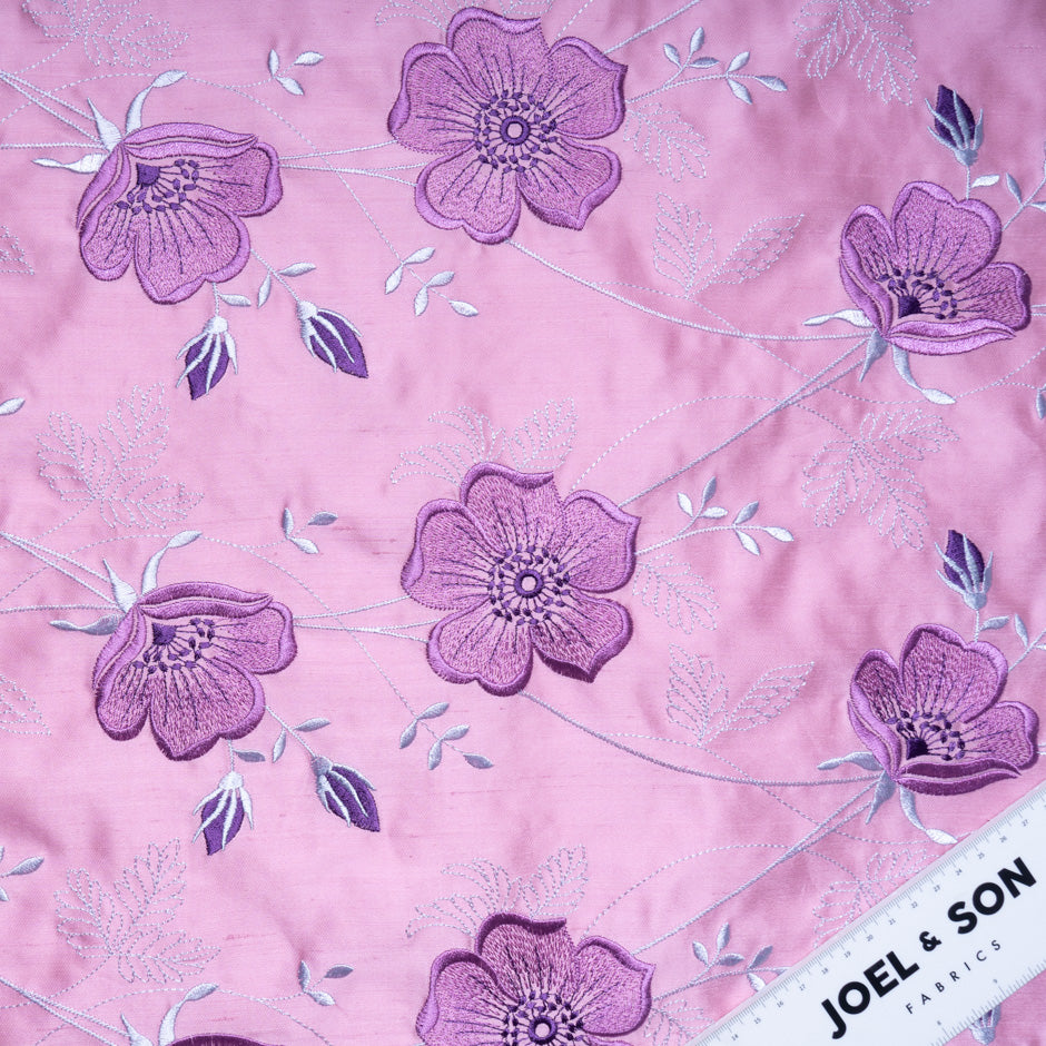 Lilac Floral Embroidered Baby Pink Silk Shantung
