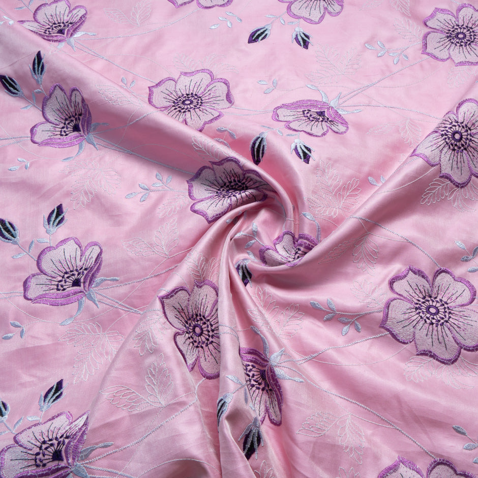 Lilac Floral Embroidered Baby Pink Silk Shantung