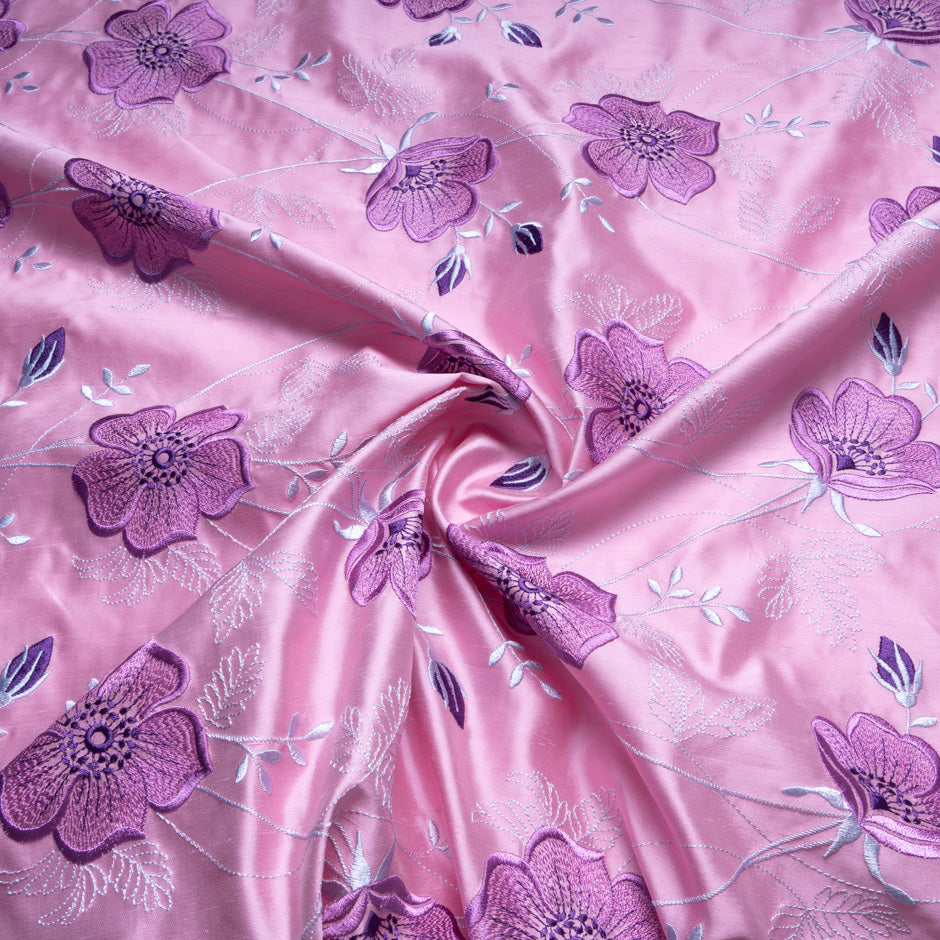 Lilac Floral Embroidered Baby Pink Silk Shantung