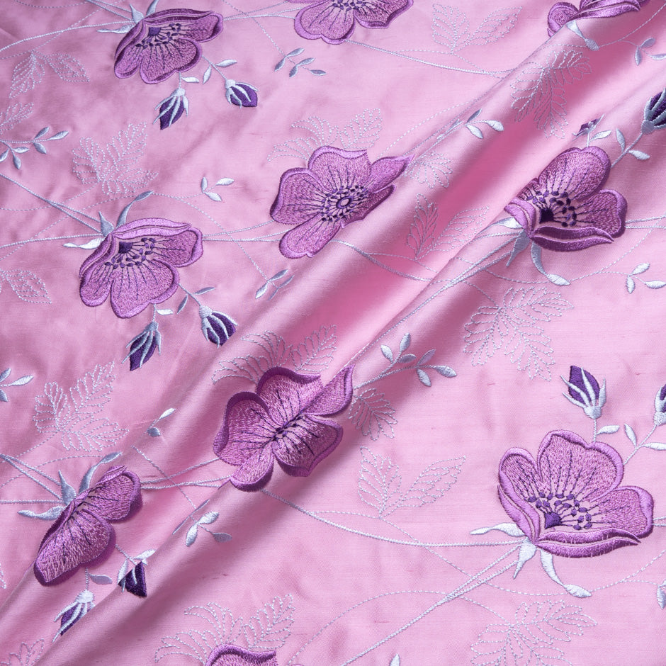 Lilac Floral Embroidered Baby Pink Silk Shantung