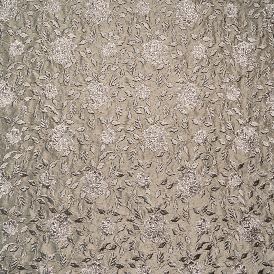 Floral Embroidered Soft Brown Silk Shantung