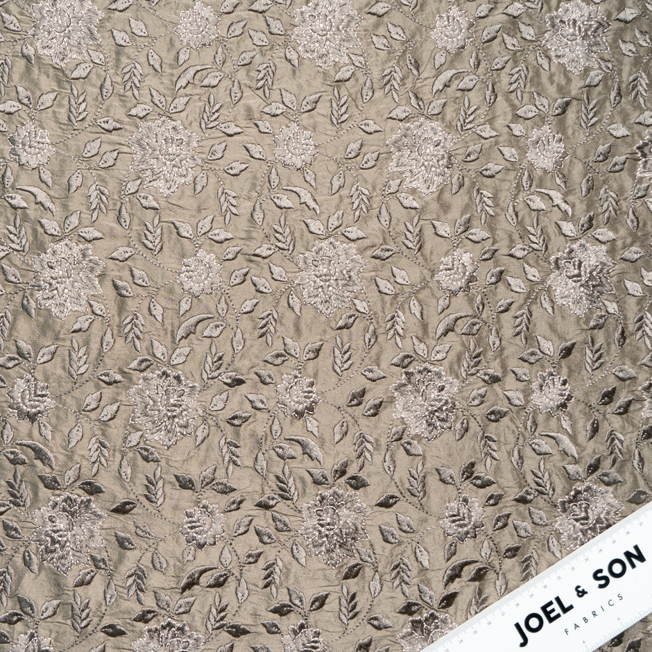 Floral Embroidered Soft Brown Silk Shantung