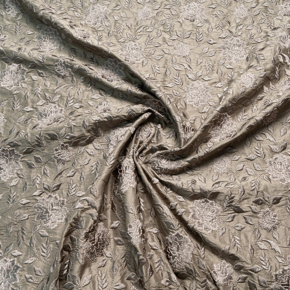 Floral Embroidered Soft Brown Silk Shantung