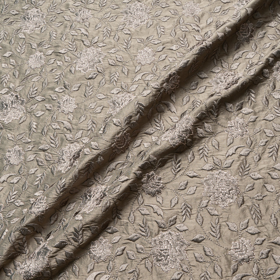 Floral Embroidered Soft Brown Silk Shantung