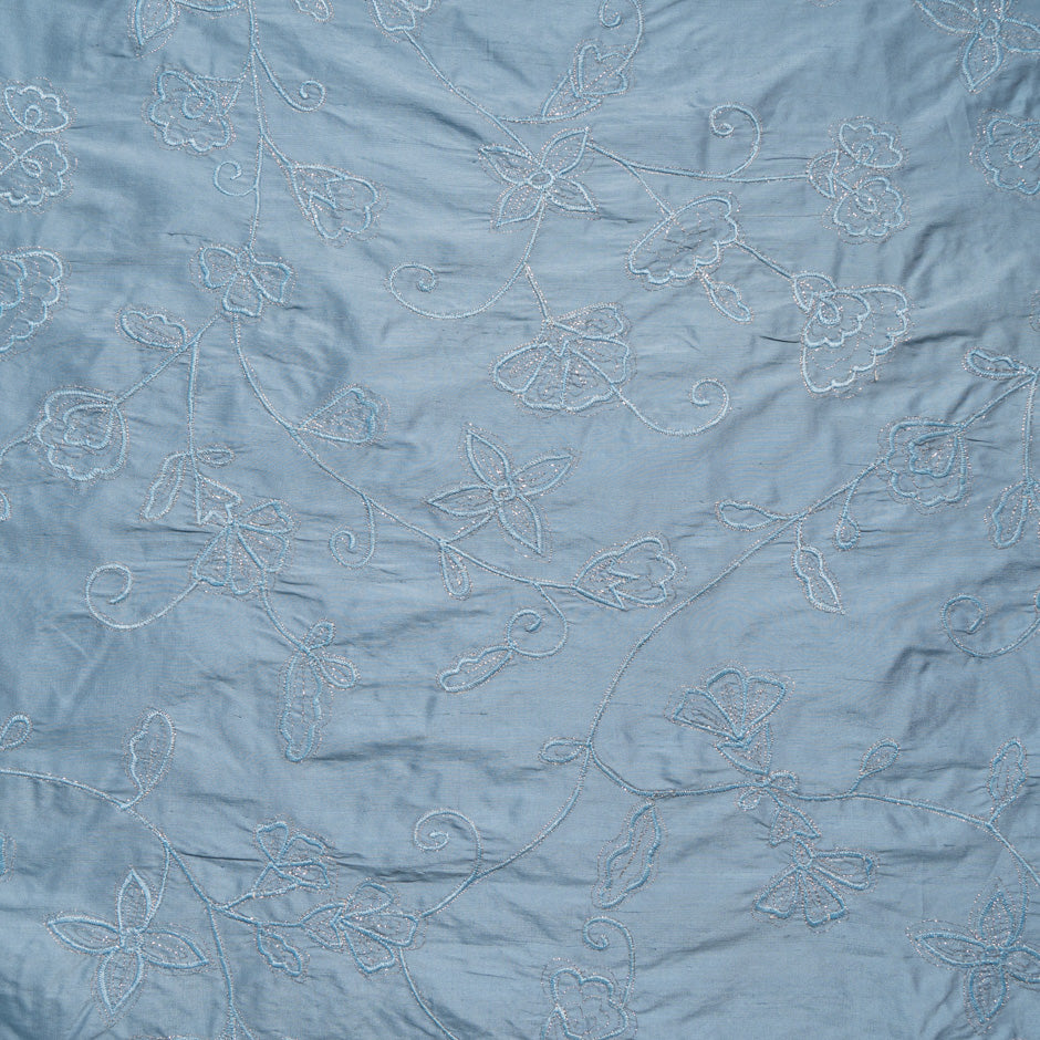 Dusty Blue Floral Embroidered Silk Dupion