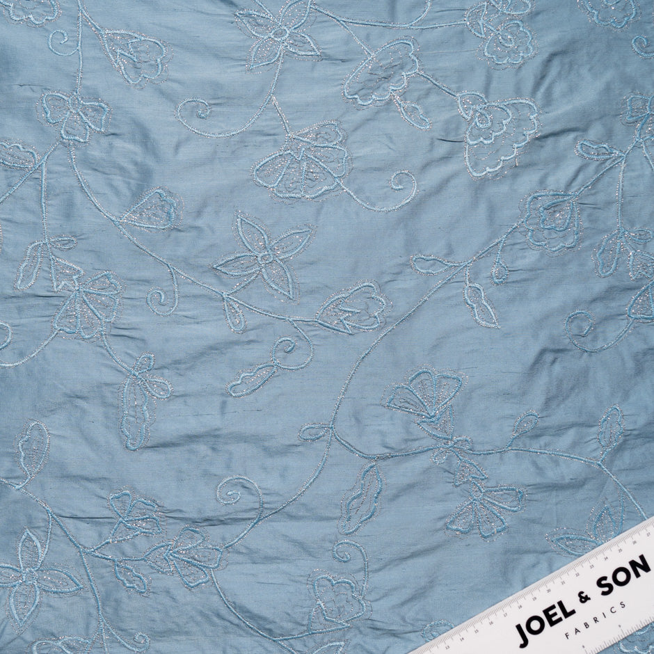 Dusty Blue Floral Embroidered Silk Dupion