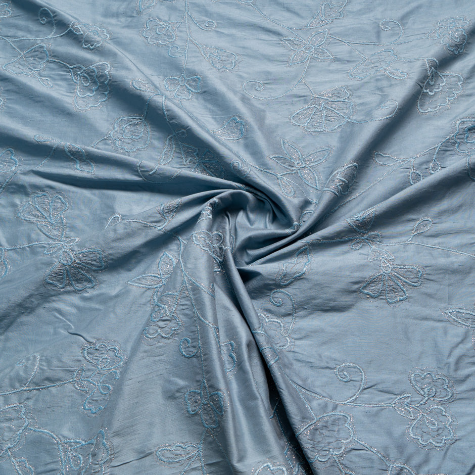 Dusty Blue Floral Embroidered Silk Dupion