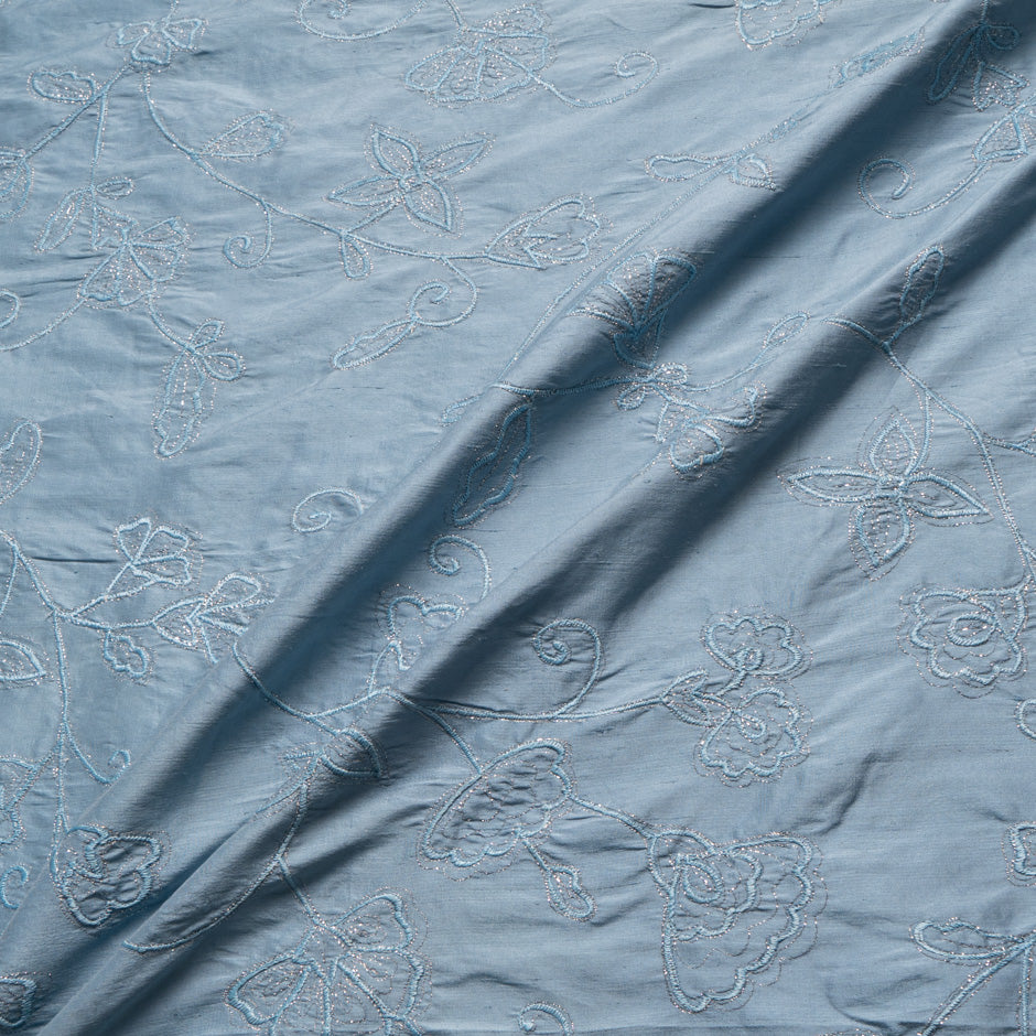 Dusty Blue Floral Embroidered Silk Dupion