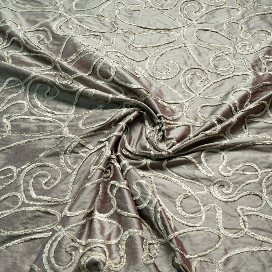 Swirl Embroidered Soft Brown Silk Shantung