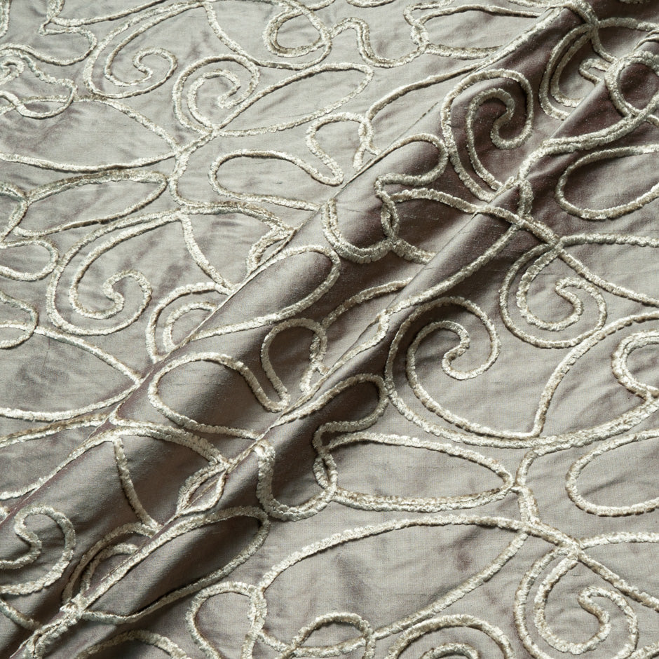 Swirl Embroidered Soft Brown Silk Shantung