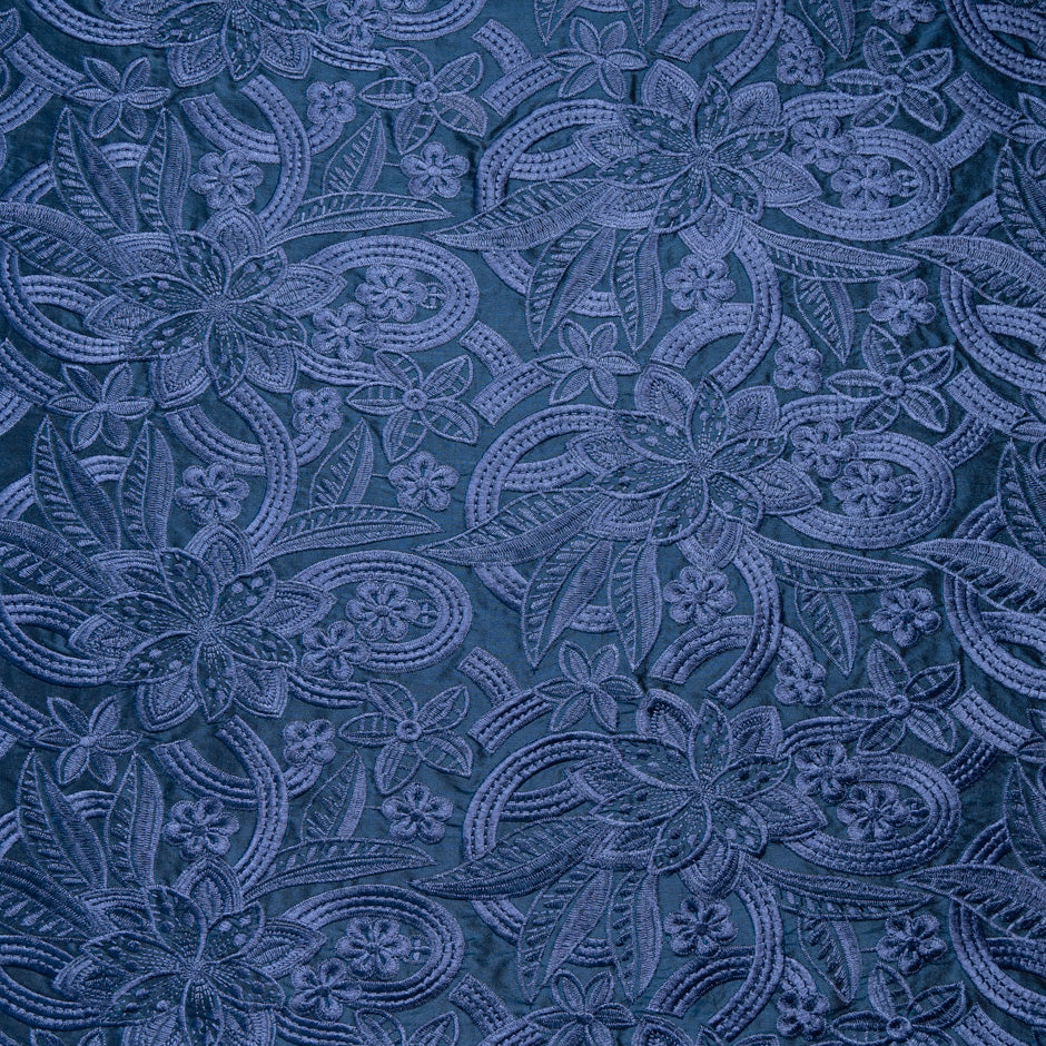 French Blue Floral Embroidered Silk Dupion