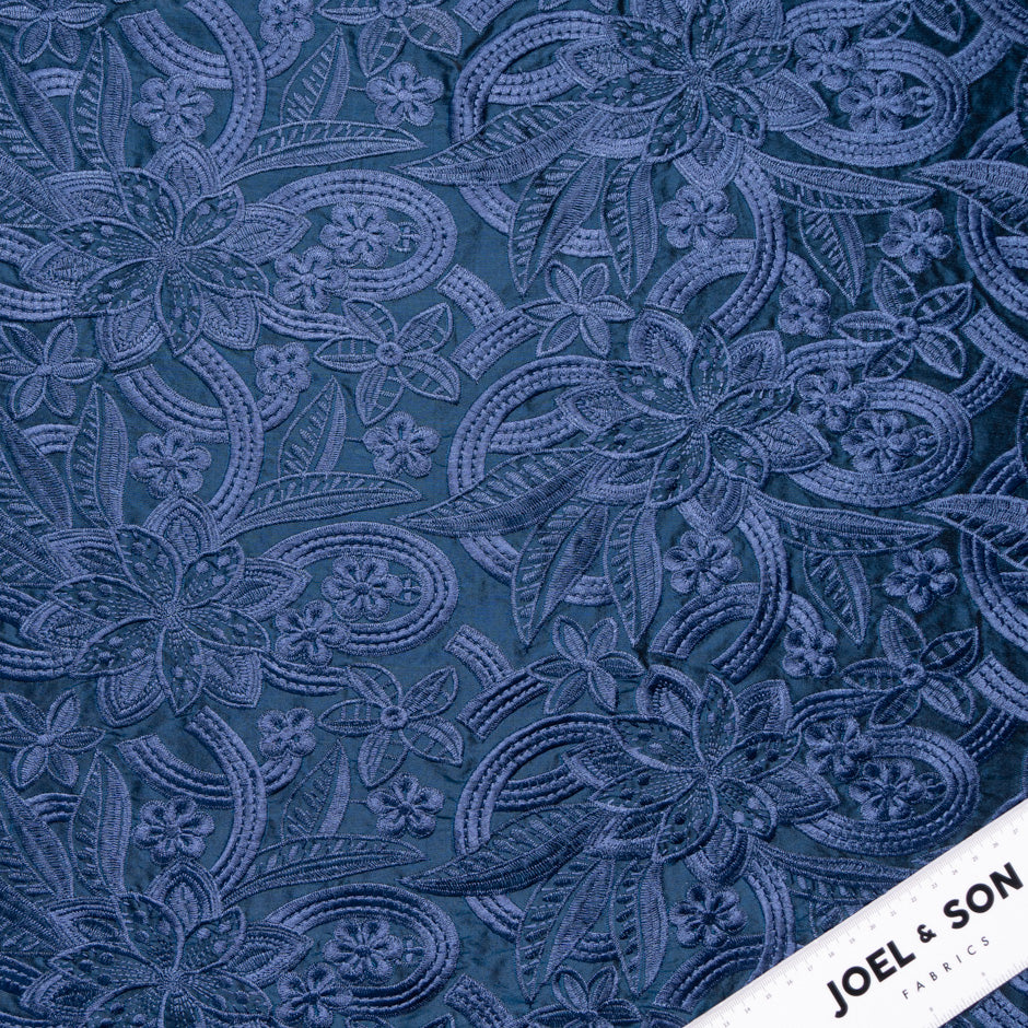 French Blue Floral Embroidered Silk Dupion
