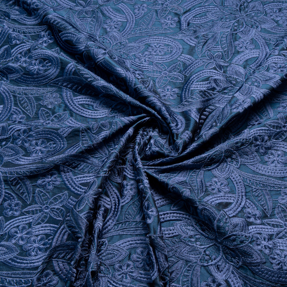 French Blue Floral Embroidered Silk Dupion
