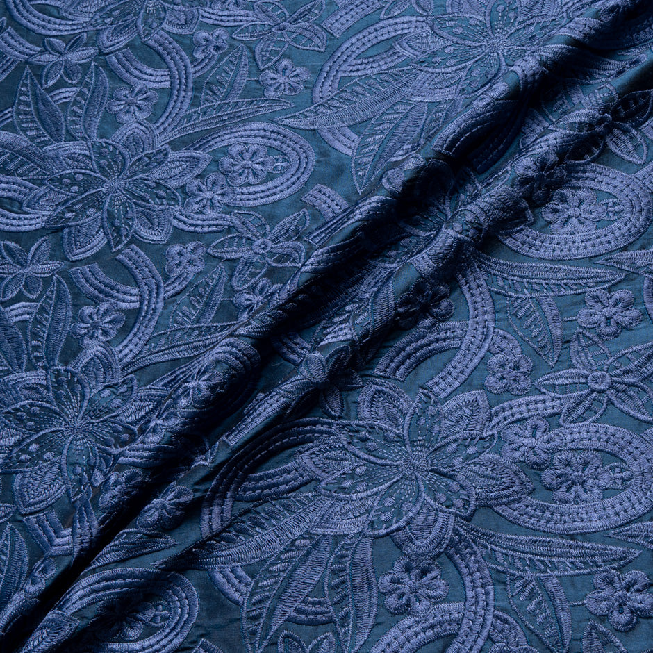 French Blue Floral Embroidered Silk Dupion