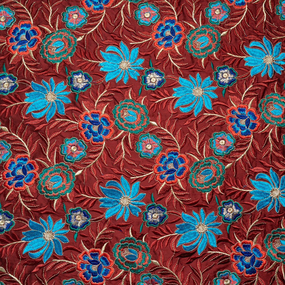 Blue Floral Embroidered Brick Silk Dupion