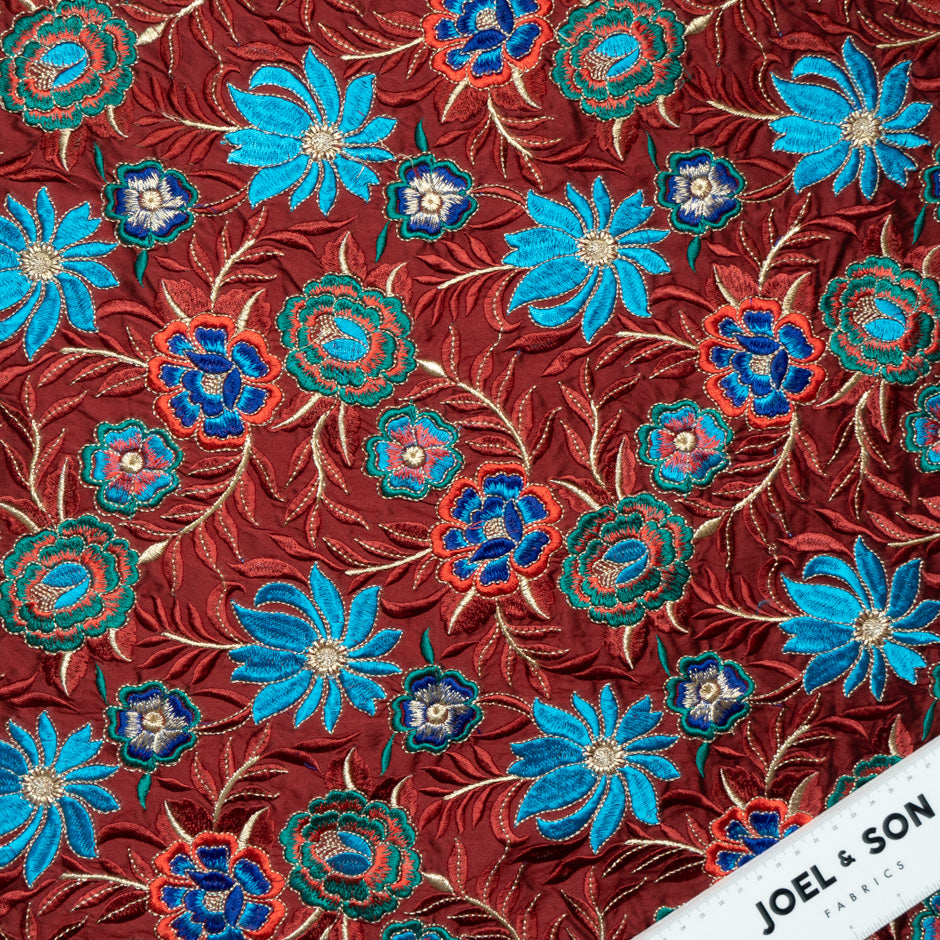 Blue Floral Embroidered Brick Silk Dupion