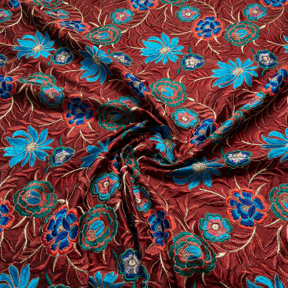 Blue Floral Embroidered Brick Silk Dupion