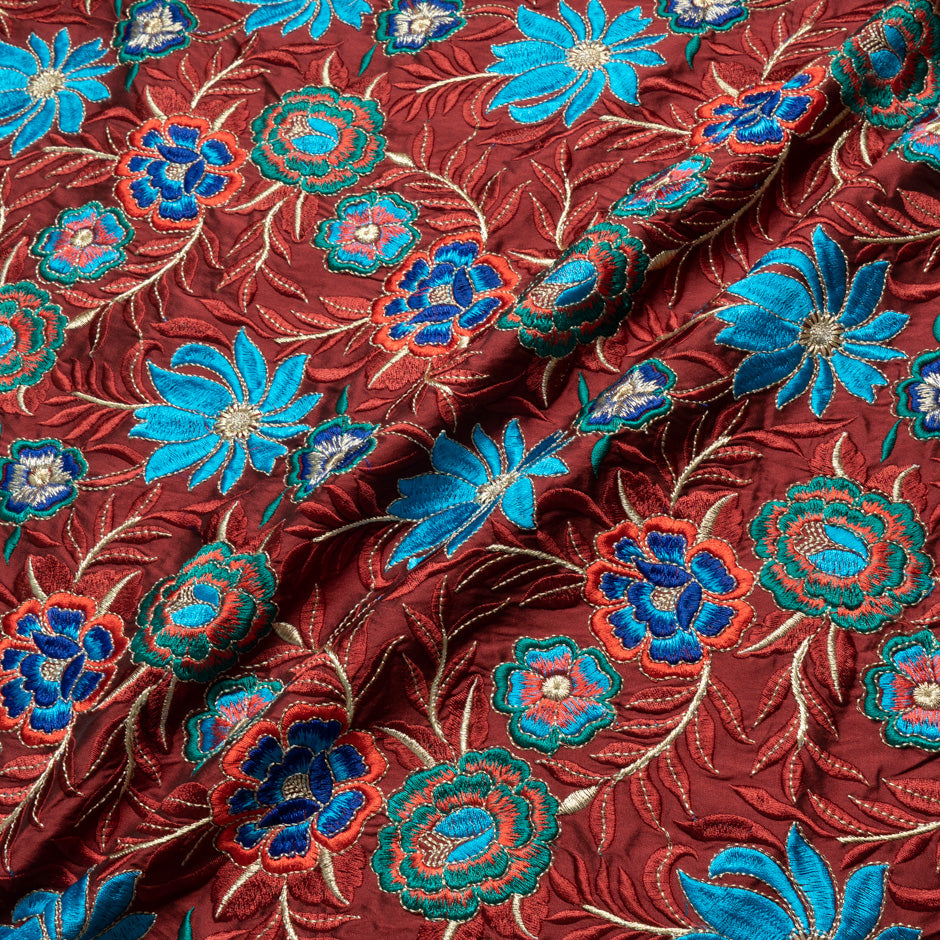 Blue Floral Embroidered Brick Silk Dupion