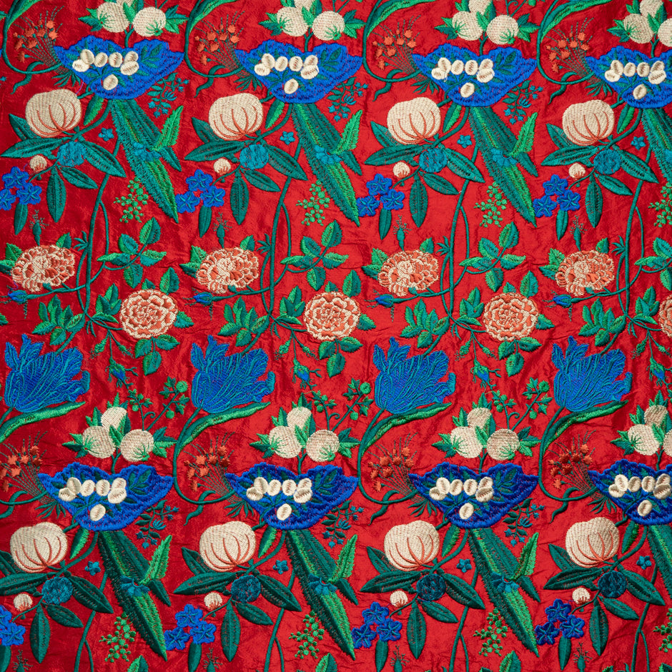 Cream & Blue Floral Embroidered Red Silk Dupion