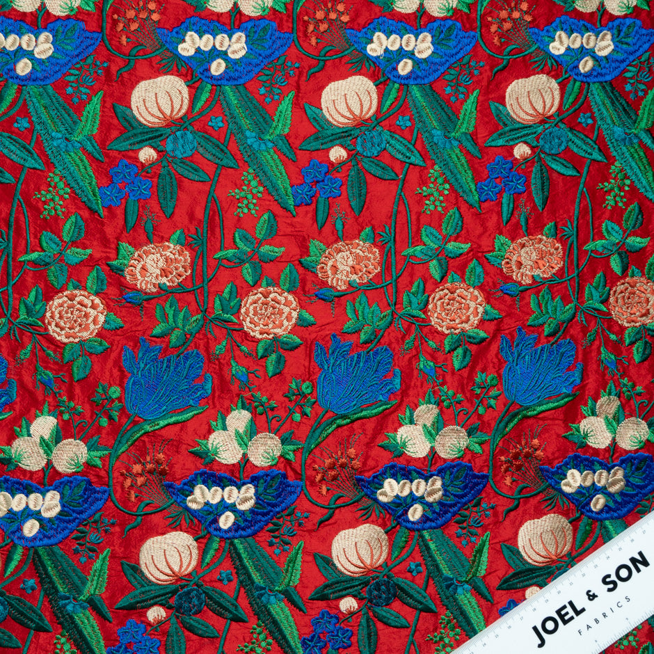 Cream & Blue Floral Embroidered Red Silk Dupion