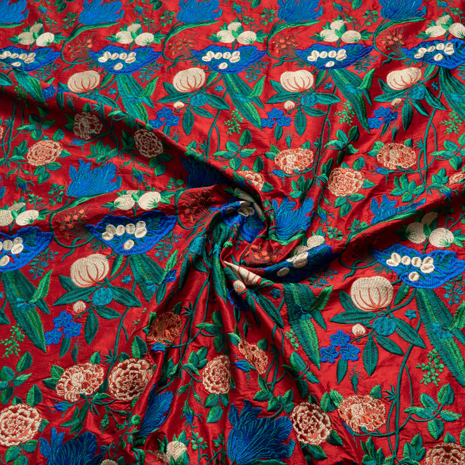 Cream & Blue Floral Embroidered Red Silk Dupion