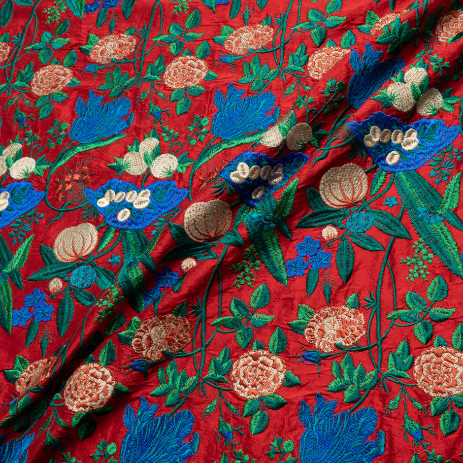 Cream & Blue Floral Embroidered Red Silk Dupion