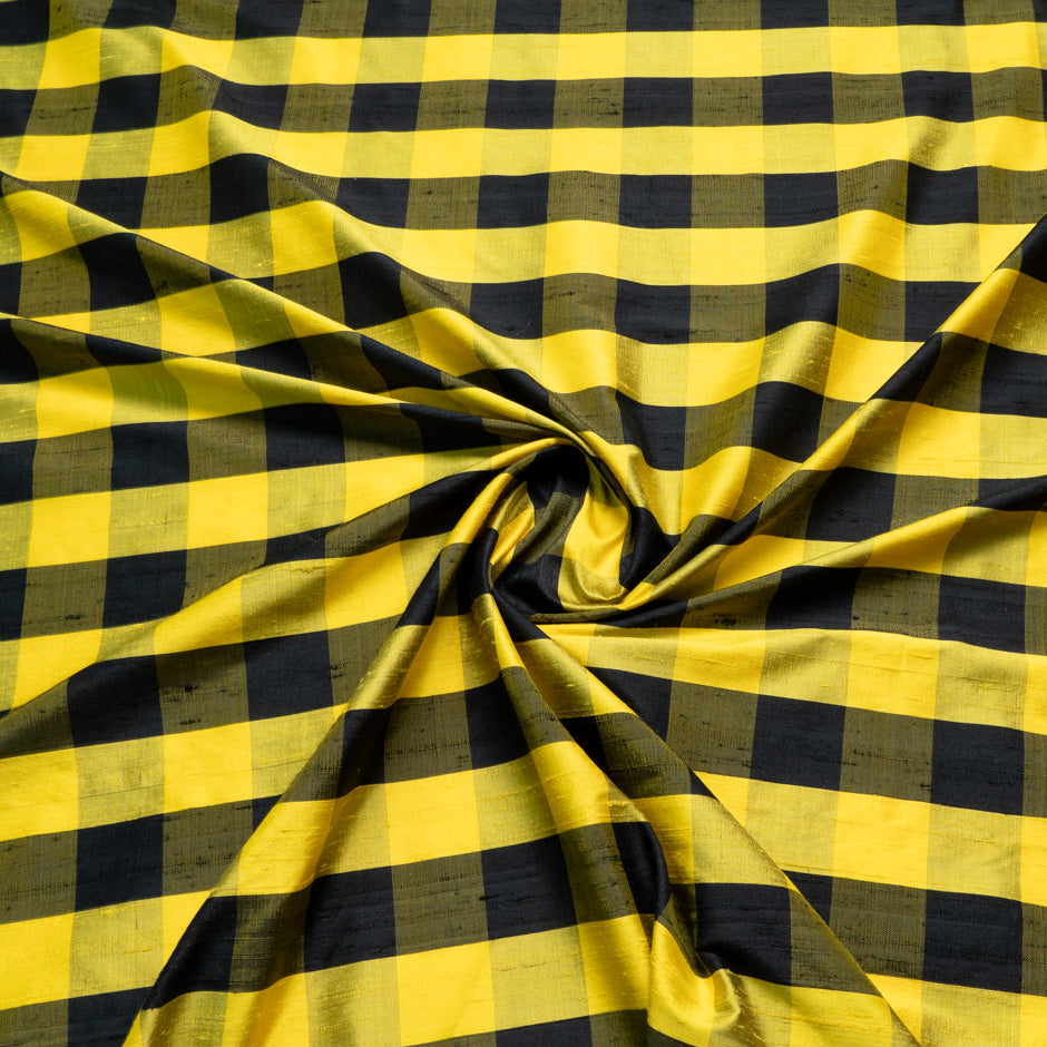 Canary Yellow & Black Checkered Silk Shantung
