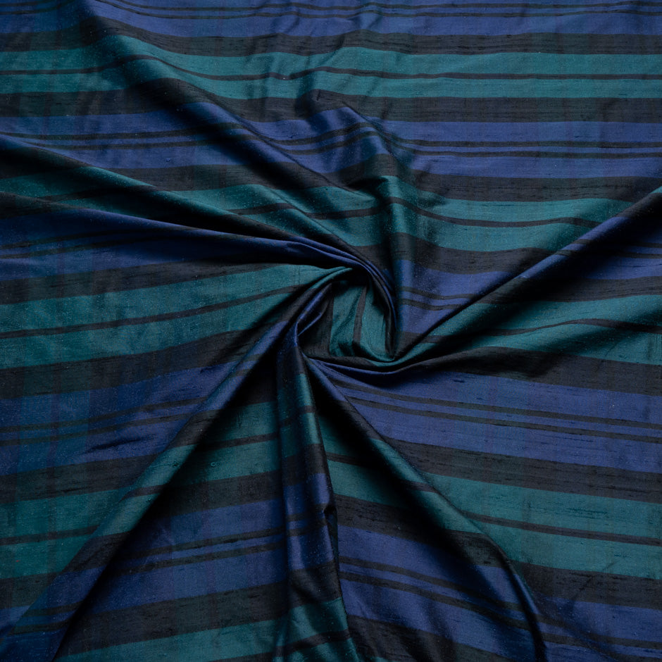 Dark Blue & Green Striped Silk Shantung