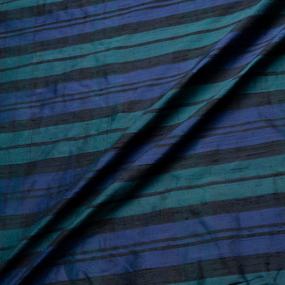 Dark Blue & Green Striped Silk Shantung