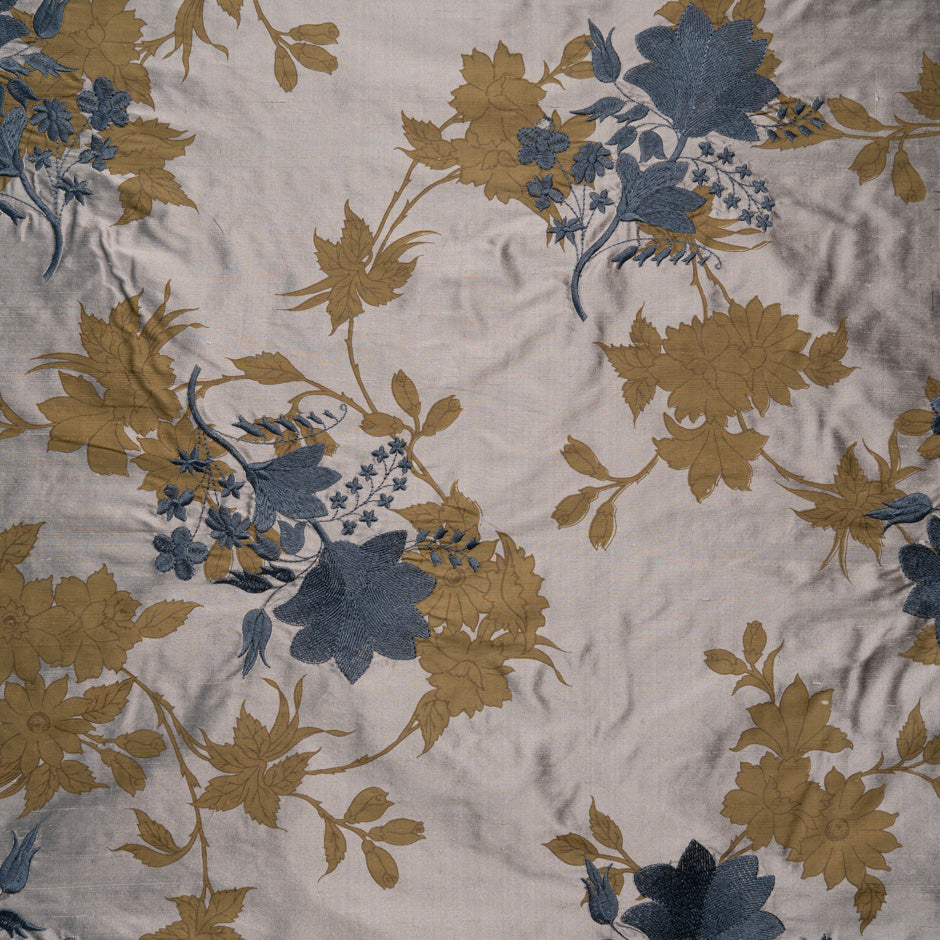 Blue & Khaki Floral Embroidered Silk Shantung