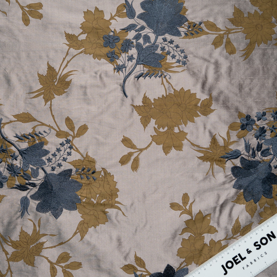 Blue & Khaki Floral Embroidered Silk Shantung
