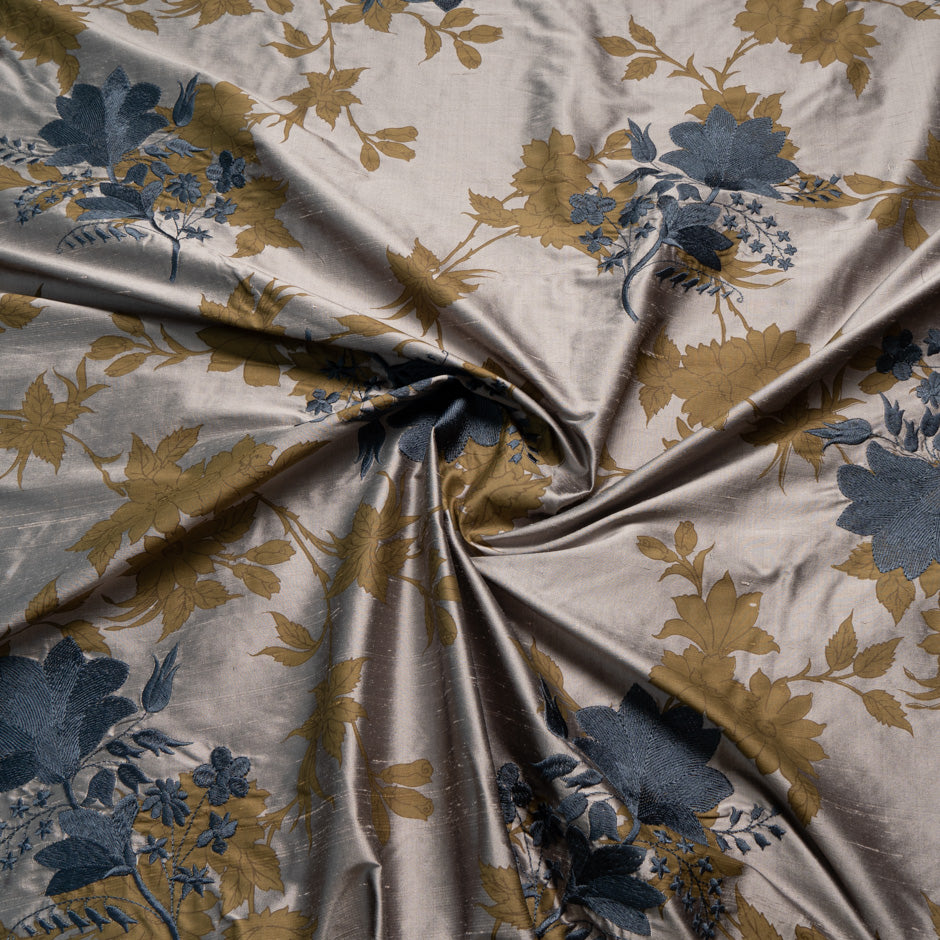 Blue & Khaki Floral Embroidered Silk Shantung