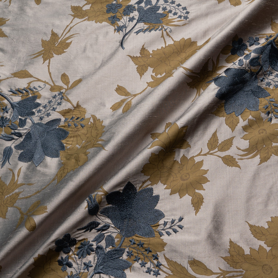 Blue & Khaki Floral Embroidered Silk Shantung