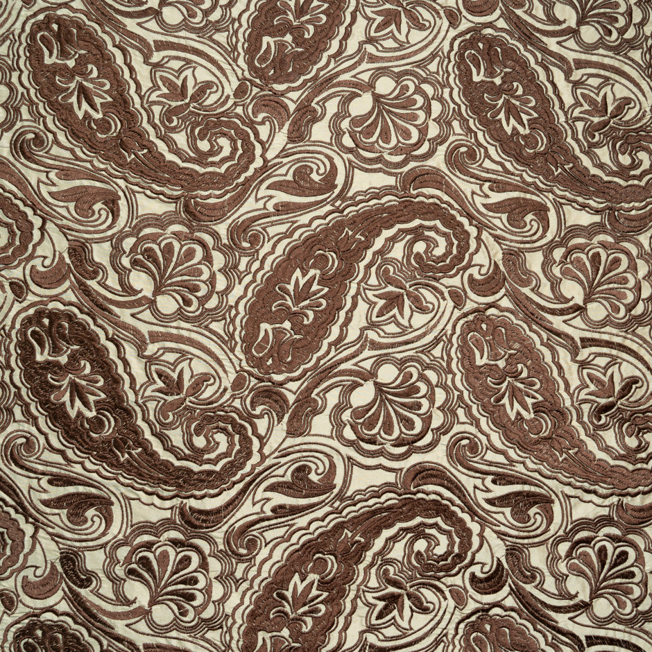 Brown Paisley Embroidered Beige Silk Dupion