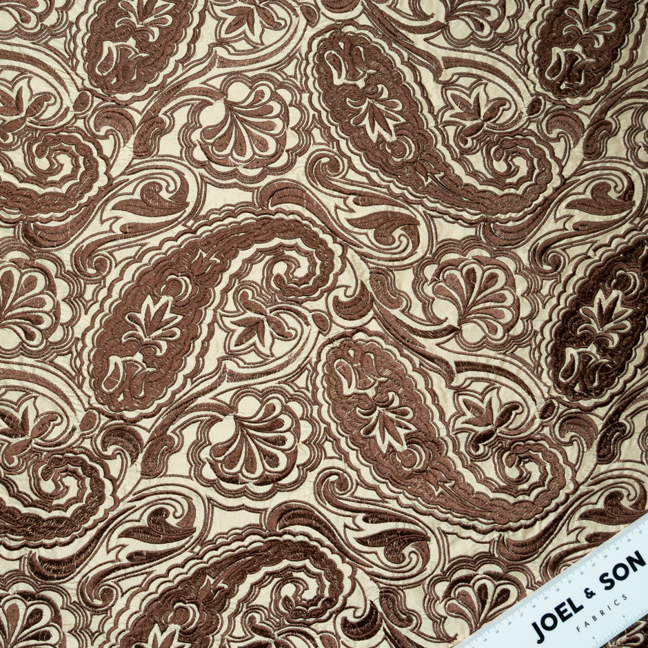 Brown Paisley Embroidered Beige Silk Dupion