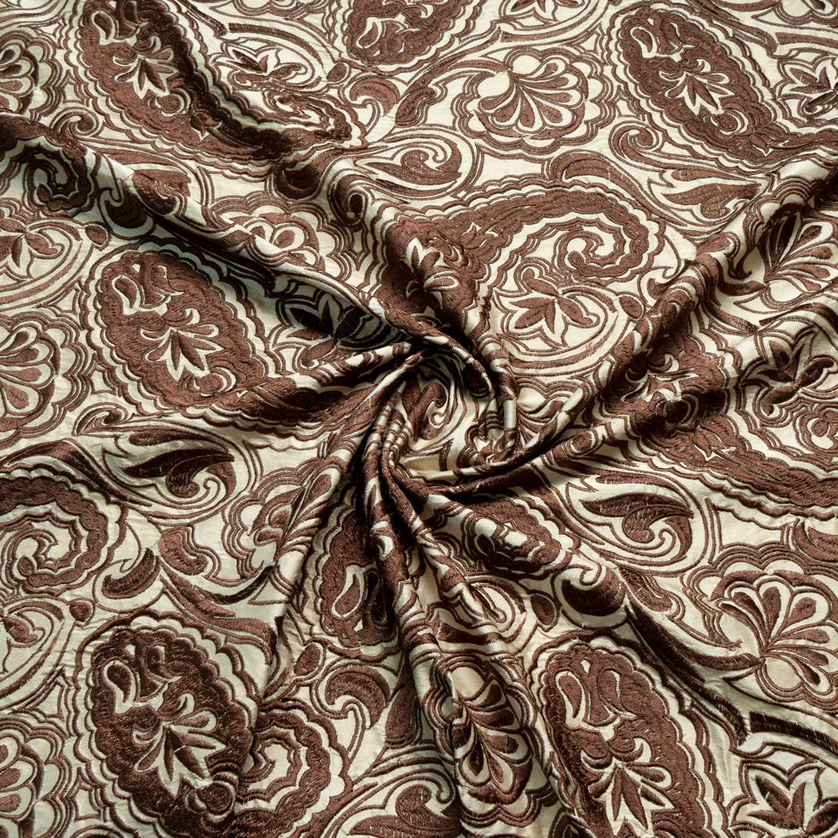 Brown Paisley Embroidered Beige Silk Dupion