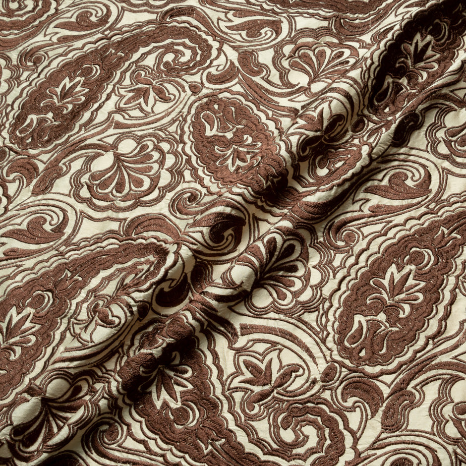 Brown Paisley Embroidered Beige Silk Dupion
