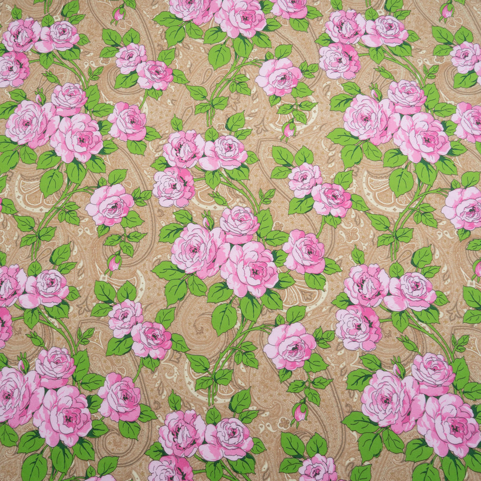 Pink Rose Printed Beige Paisley Cotton